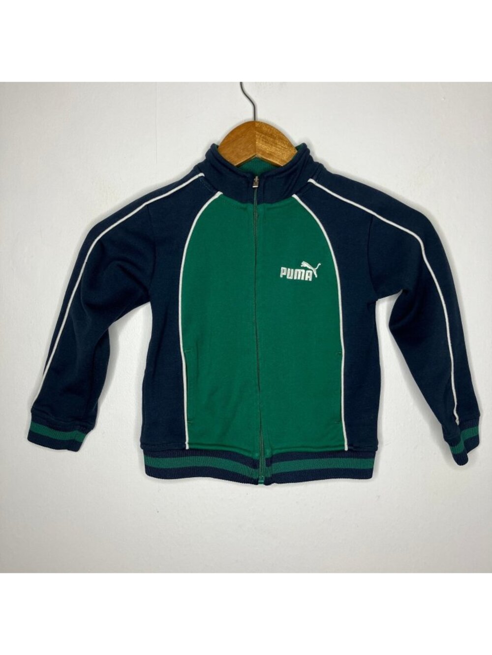 PUMA Boys Full Zip Activewear Jacket Size 4 Navy Blue Green Track Stripe Kids